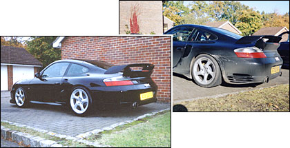 Image of black Porche GT2 on a driveway in the sun before and after valet